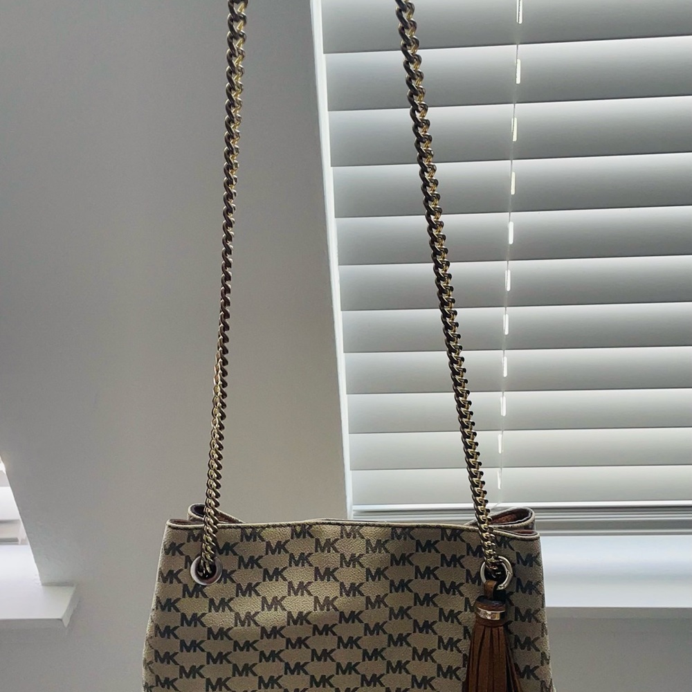 Michael Kors Monogram Shoulder Bag with Gold Accents